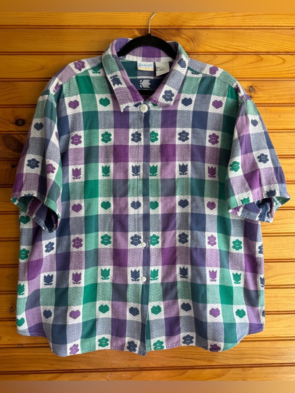 Vintage Backroad Blues 24W Plaid Button Up Shirt Embroidered Heart Floral